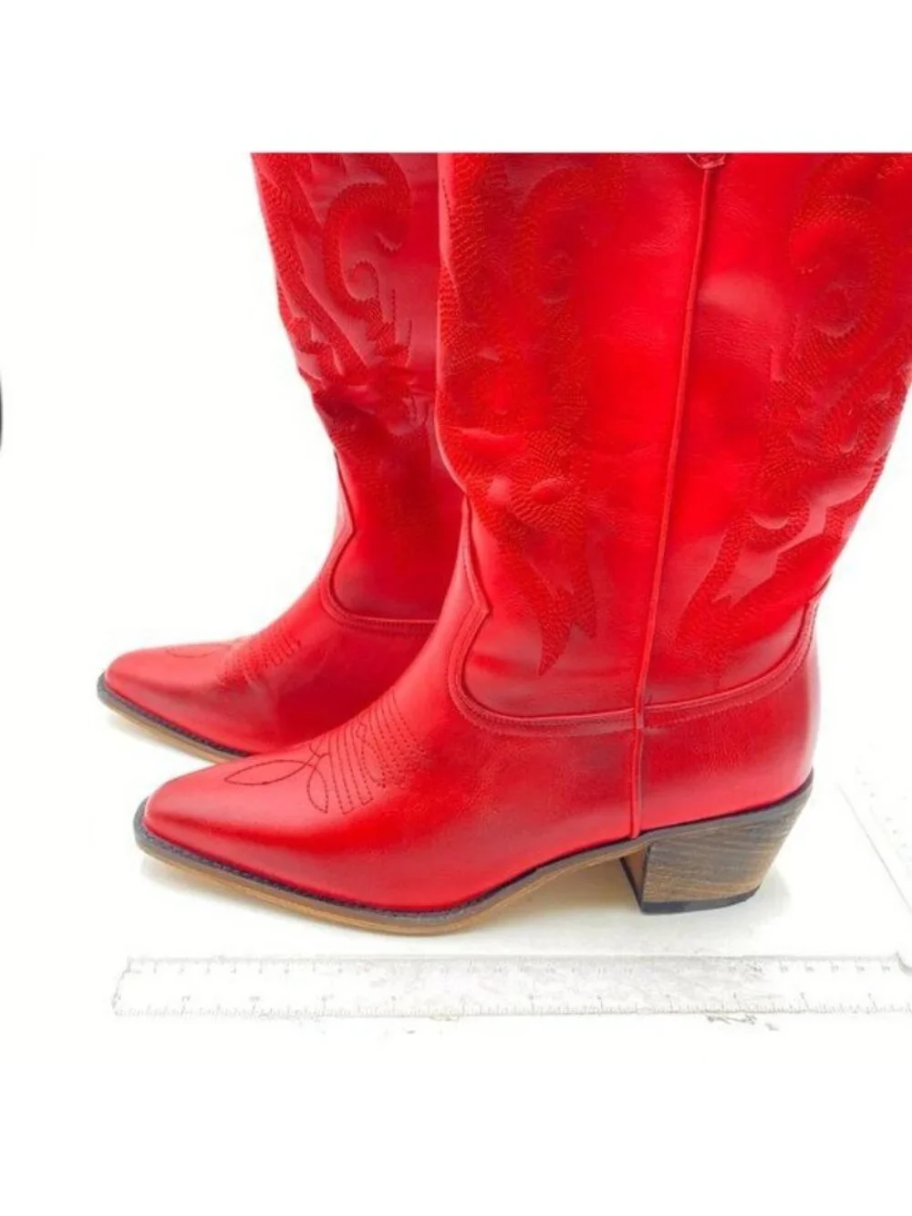 Red Cowboy Boot Pull On Western Pointed Toe Chunky Heel Cowgirl Mid Calf Boots